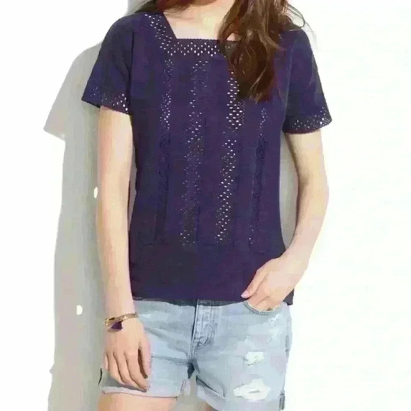 Madewell Tops - Madewell Navy Blue Eyelet Inset VIGNETTE Shirt Women's top size XS​